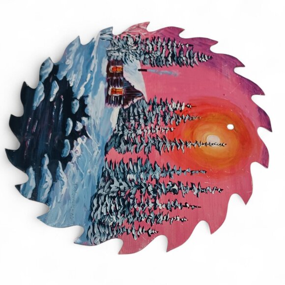 Hand-Painted Rustic Cabin Saw Blade by Ann Simmons – Winter Landscape Art - Picture 6 of 11